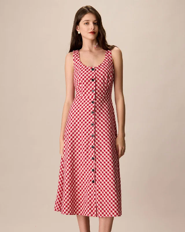 Dresses for runway events-Women's Red U-Neck Plaid Midi Dress