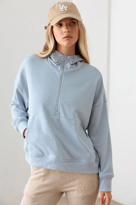 Hoodies & Sweatshirts horror-Blue Cotton Half Zip Drawstring Mock Neck Hoodie Top