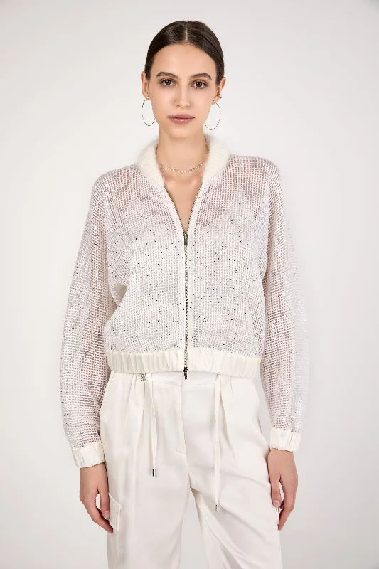 Jackets with thermal-Sequined Mesh Bomber Jacket in Natural White