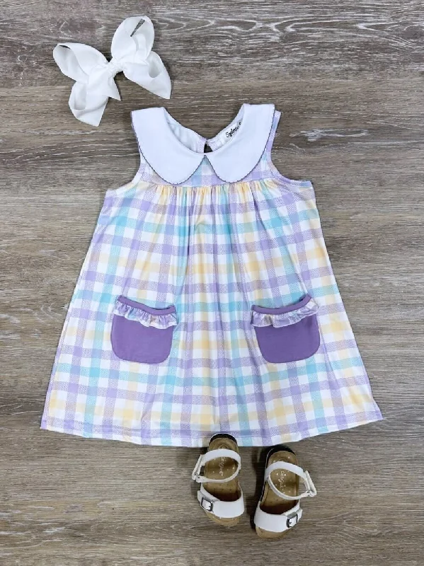 Dresses for futuristic design-Pastel Plaid Girls Pocketed Spring or Easter Dress