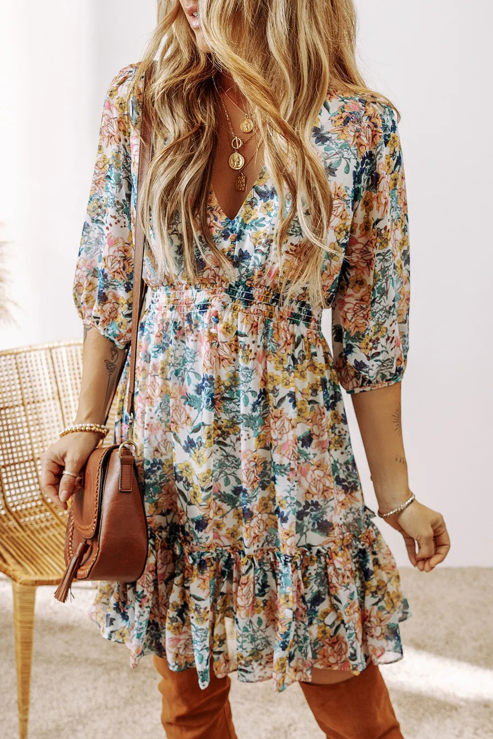 Dresses for loyalty programs-Printed V-Neck Half Sleeve Dress