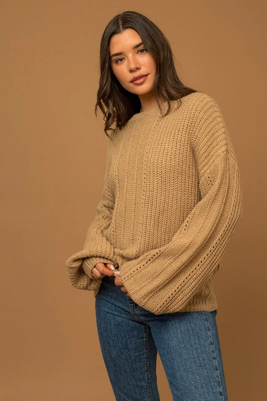 Sweaters for candle making-Round Neck Balloon Sleeve Braid Knit Sweater