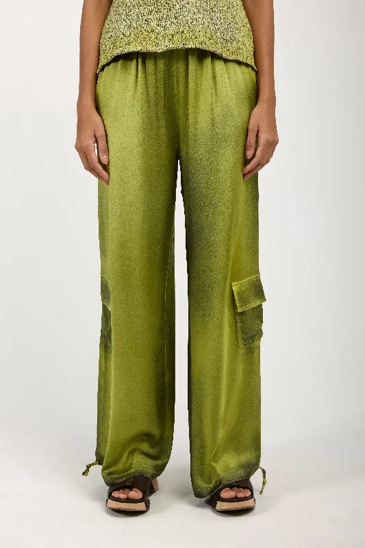 Bottoms in fog-Batik Camou Silk Trouser Pant in Lime