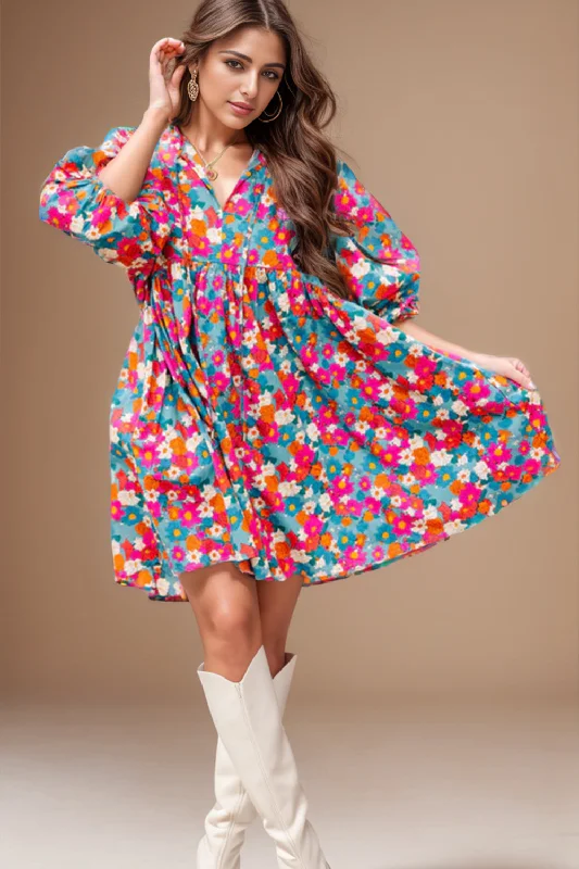 Dresses for tiered design-Floral Tie Neck Puff Sleeve Mini Dress