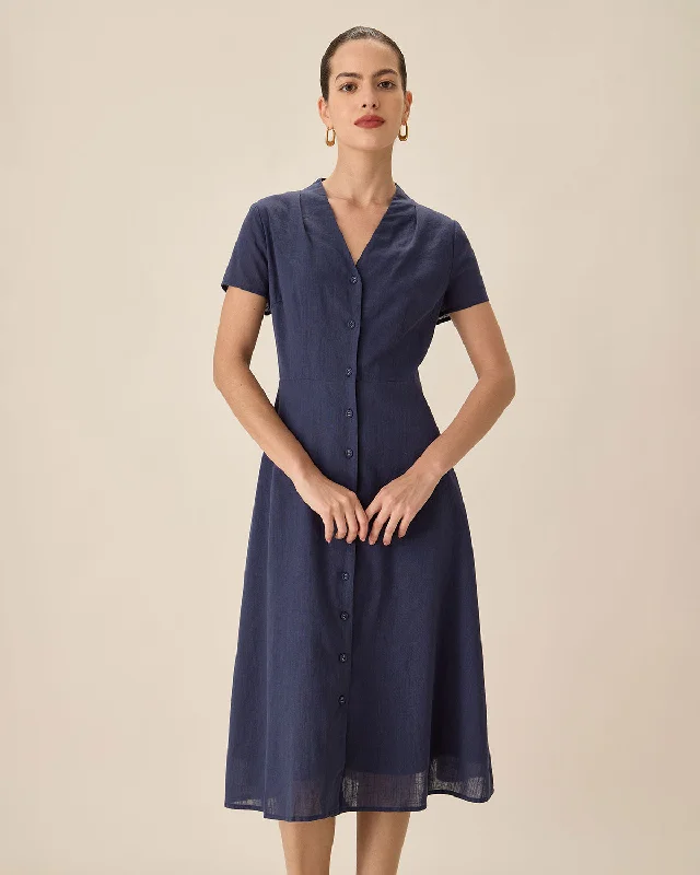 Dresses for weekend breaks-Navy Collared Button Midi Dress