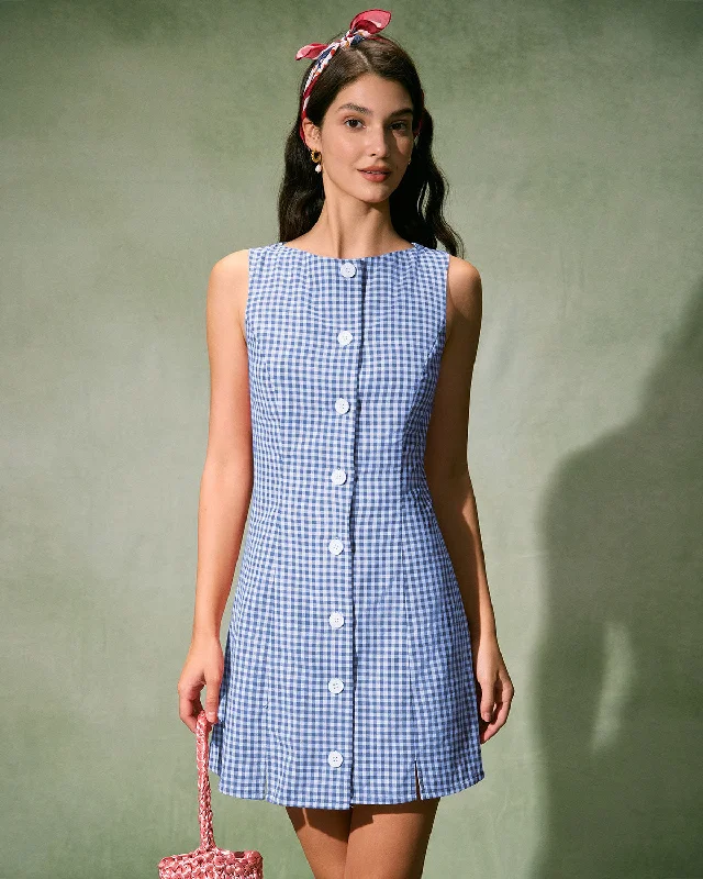 Dresses for rural escapes-The Blue Boat Neck Cotton Plaid Mini Dress