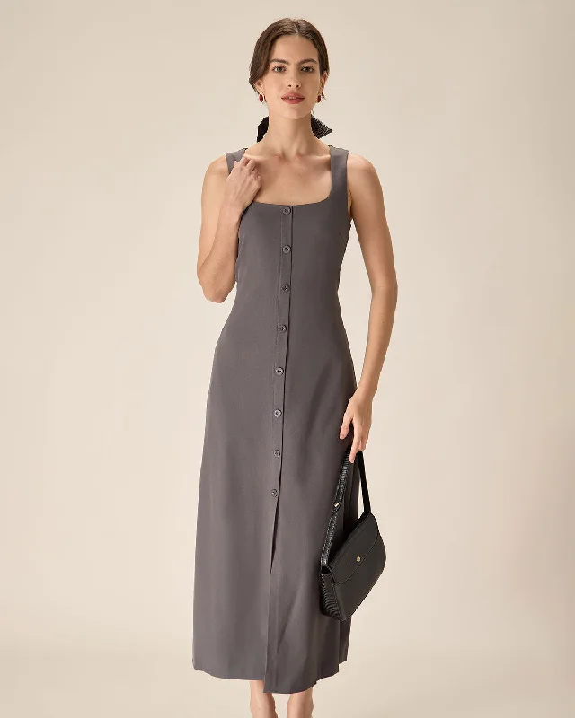 Dresses for book clubs-Grey U Neck Tie Back Sleeveless Maxi Dress