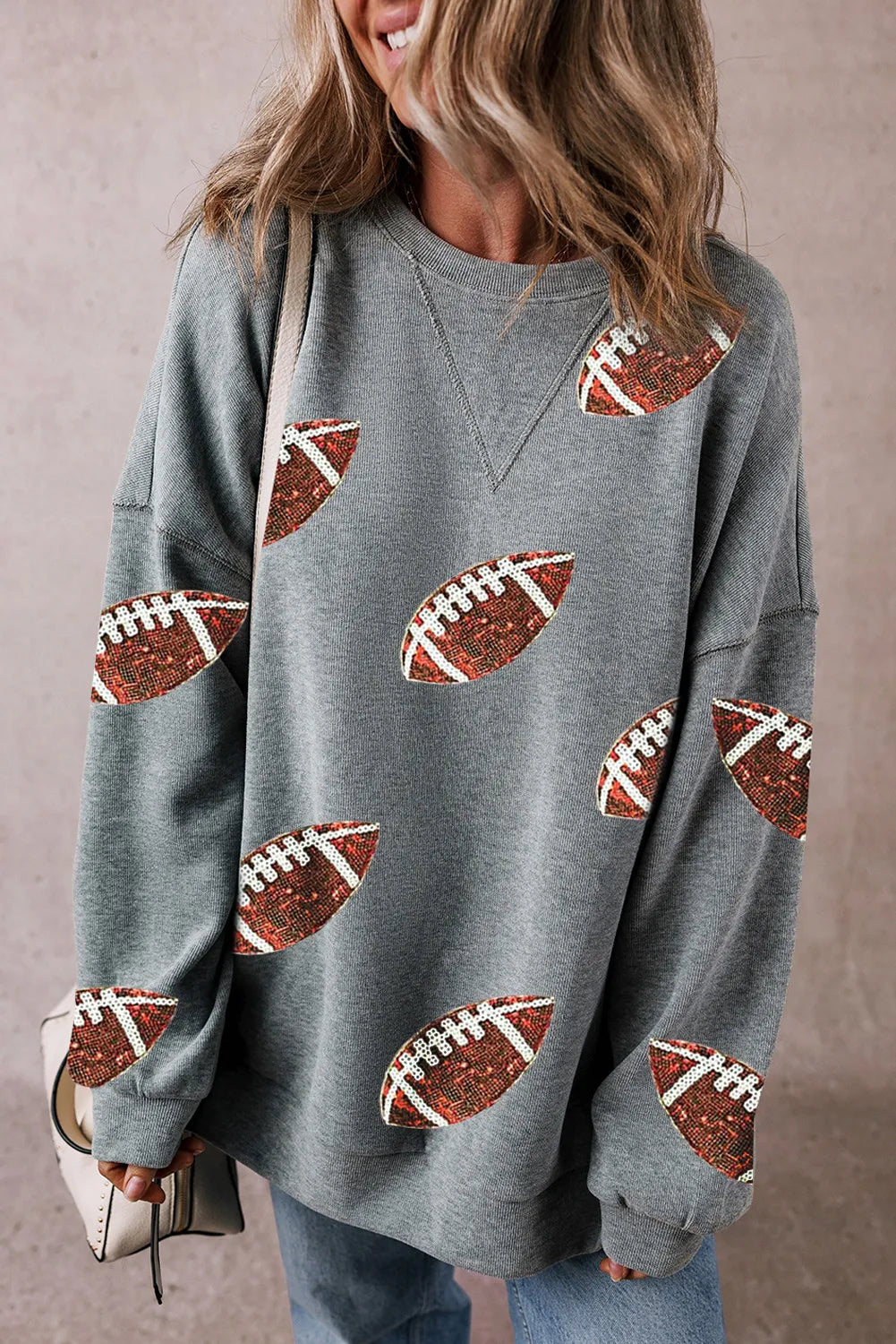 Hoodies & Sweatshirts jogging-Sequin Football Round Neck Long Sleeve Sweatshirt