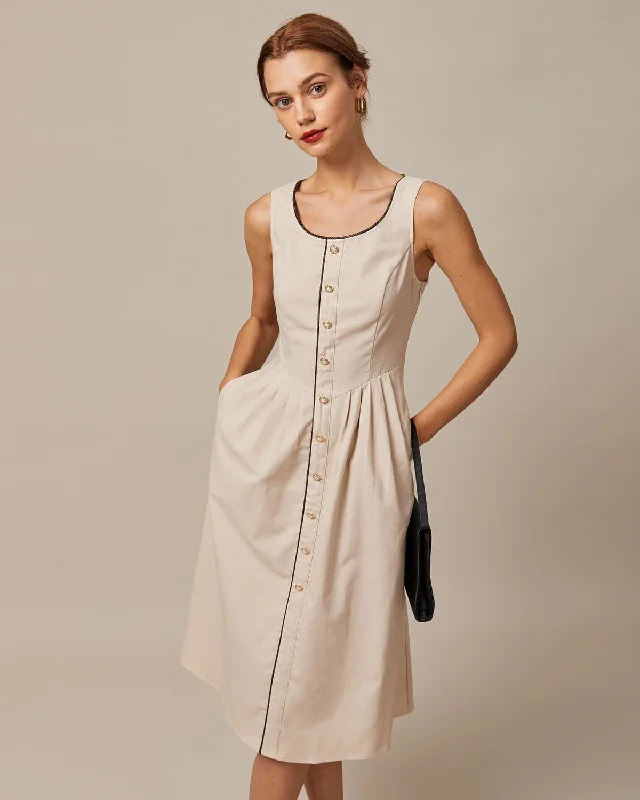 Dresses for campfires-The Khaki Round Neck A-Line Midi Dress