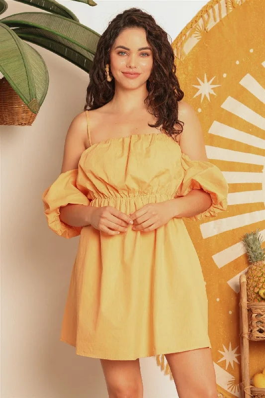 Dresses for civil ceremonies-Mango Cotton Cold Shoulder Puff Short Sleeve Mini Dress /1-2-2-1