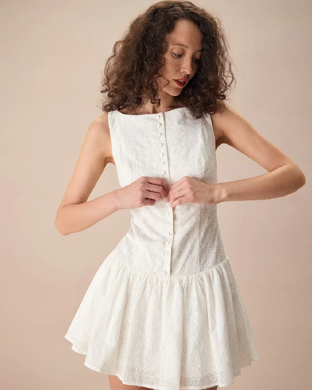 Dresses for fundraisers-Women's White Boat Neck Jacquard Cotton Mini Dress