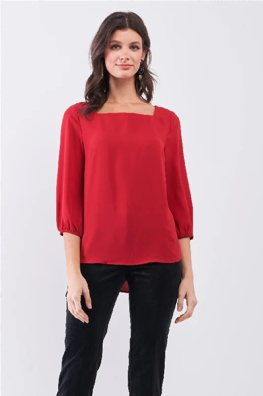 How to declutter your home-Red Square Neck 3/4 Puff Sleeve With Elasticated Hem Loose Fit Top