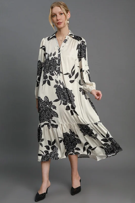 Dresses for indoor events-Umgee Ruffle Hem Flower Print Johnny Collar Dress