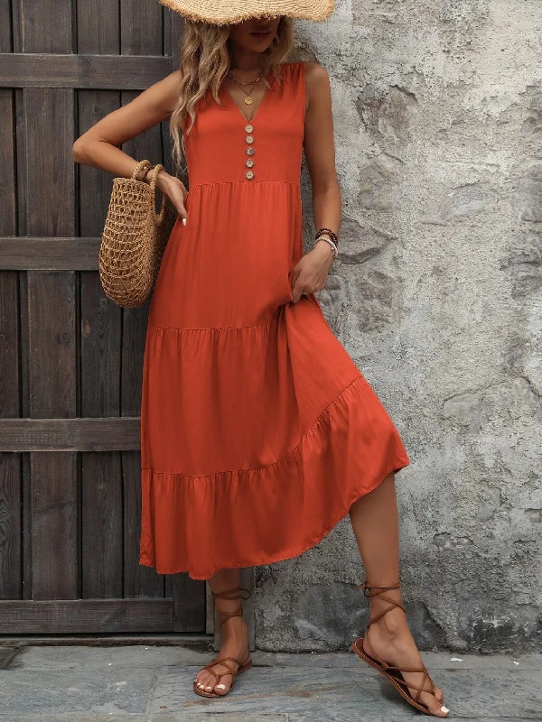 Dresses for seasonal collections-Decorative Button Notched Sleeveless Dress