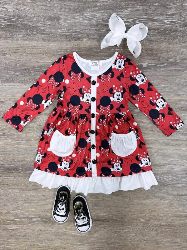 Dresses for sheath style-Red & Black Mouse Ruffle Trim Pocket Girls Dress