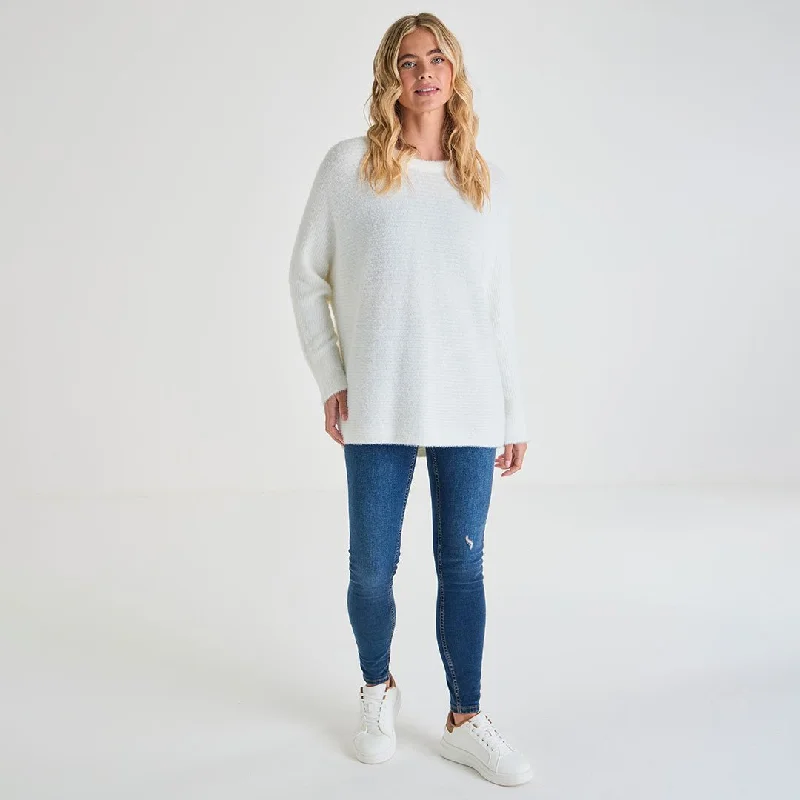 Sweaters with notched necks-Ladies Ribbed Eyelash Batwing Jumper