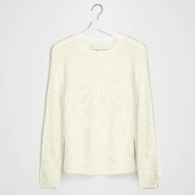 Sweaters with banded hems-Ladies White Raglan Sleeve Jumper