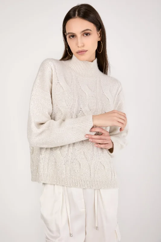 Sweaters with draped necks-Turtleneck Knitted Sweater with Sequins in Natural White