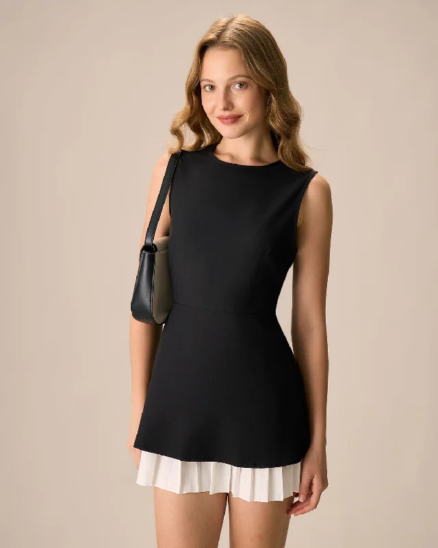 Dresses with pockets-Women's Black Splicing Pleated Mini Dress