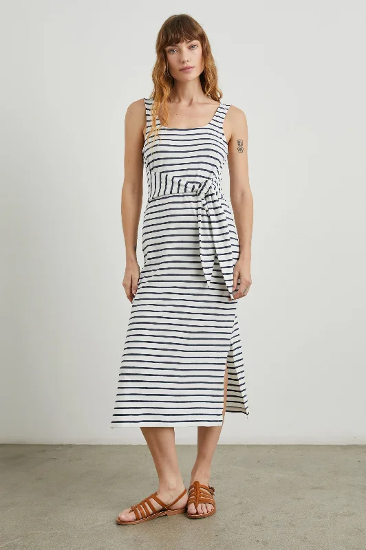 Dresses for day-to-night-MEG DRESS - IVORY NAVY STRIPE