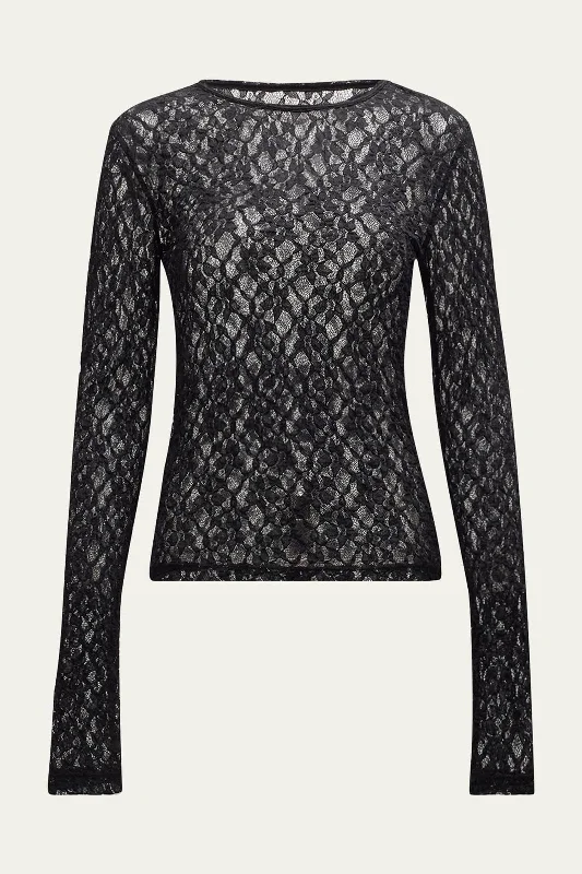 Women's Clothing exclusive drop-Frame Mesh Lace Crewneck in Black