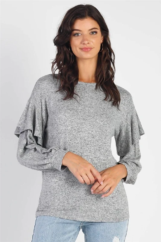 Tips for reducing screen time-Heather Grey Ruffle Shoulder Detail Long Sleeve Top