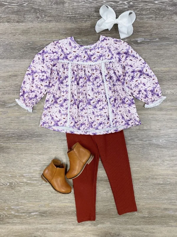 How to plan a coastal trip-Purple Floral Peplum Top & Leggings Girls Outfit