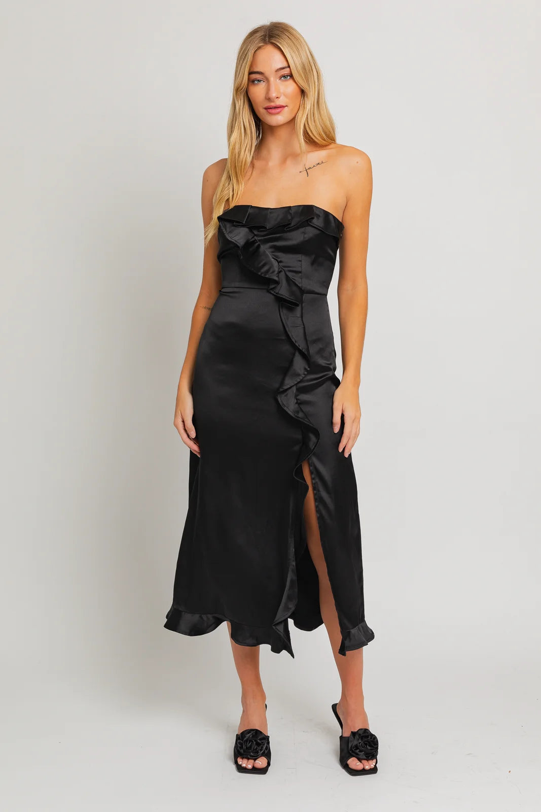 Dresses for sheath style-Satin Strapless Ruffle Front Slit Midi Dress