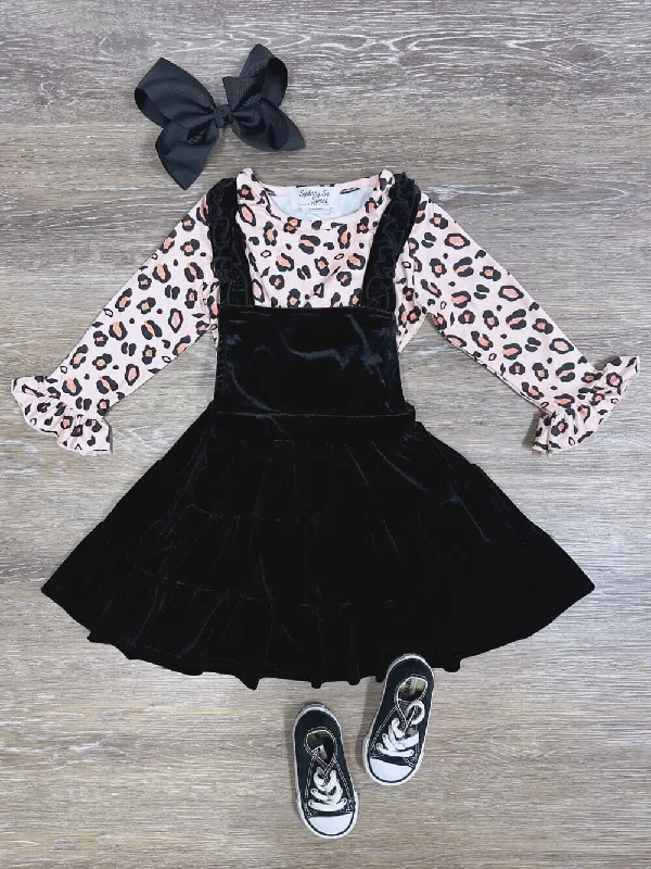 Dresses for maid of honor-Pale Pink Cheetah Black Velvet Ruffle Girls Jumper Dress Set