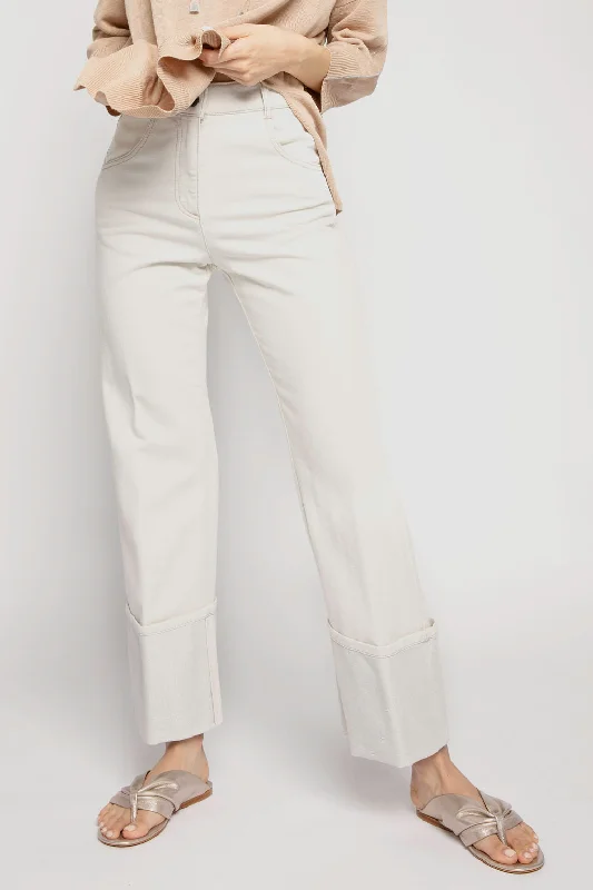 Bottoms for plus-size standout-Cotton Pant with Lurex Cuffs in Parchment