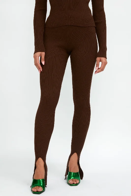 Bottoms for petites in emerald-Ribbed Front Slit Pant in Chocolate