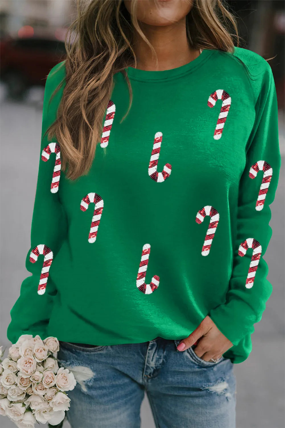 Hoodies & Sweepstakes-Candy Cane Round Neck Long Sleeve Sweatshirt