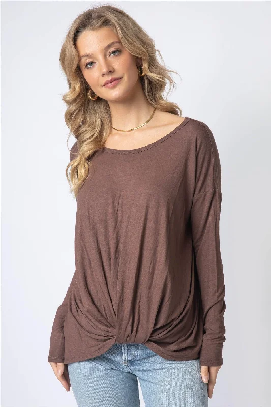 How to plan a hiking trip-Mocha Front Twisted Detail Long Sleeve Top /1-1-1