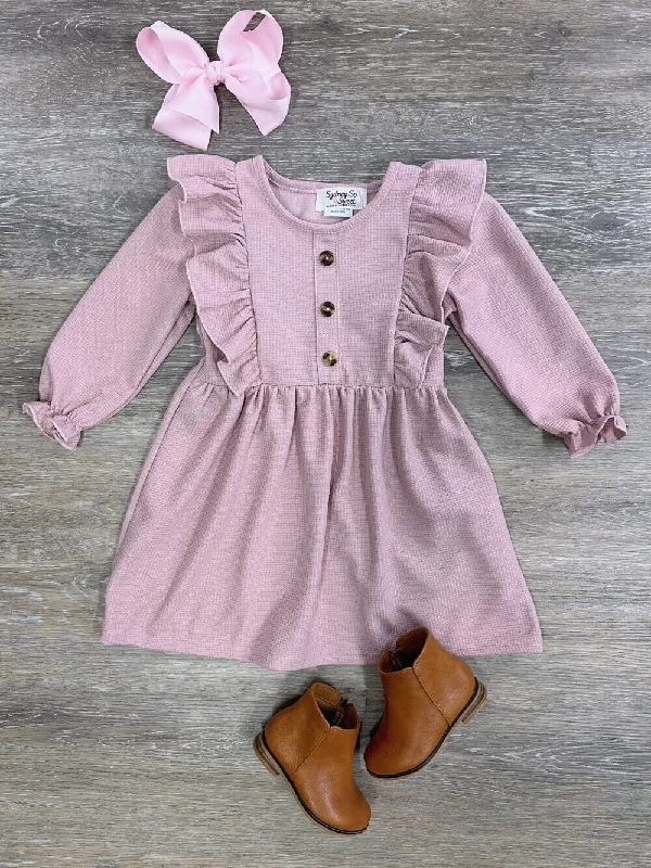 Dresses for Korean fashion-Blush Pink Waffle Knit Girls Ruffle Trim Long Sleeve Dress