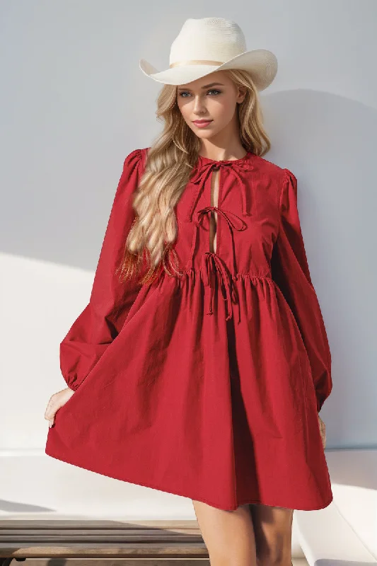 Dresses for bridesmaids-Double Take Christmas Front Tied Long Sleeve Mini Dress