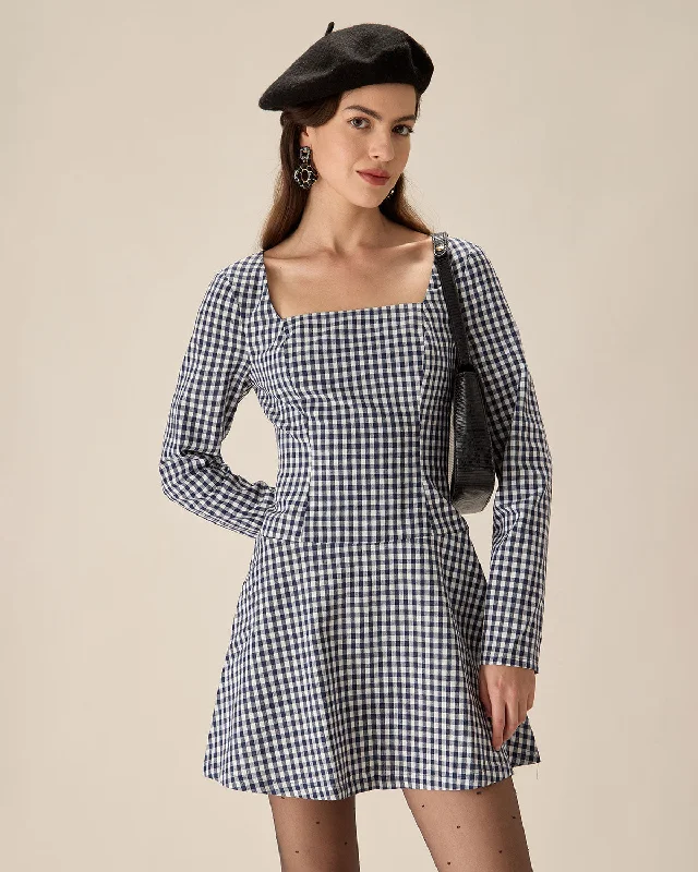 Dresses for remote work-Navy Square Neck Plaid Mini Dress