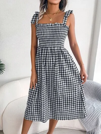 Dresses for baptisms-Frill Plaid Square Neck Midi Dress