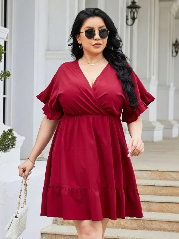 Dresses for holiday parties-Plus Size Ruched Surplice Flounce Sleeve Mini Dress