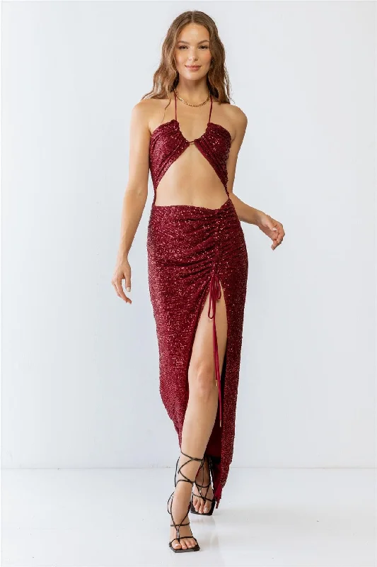 Dresses for hot climates-Sequin Halter Neck Sleeveless Cut-Out Ruched Detail Maxi Dress