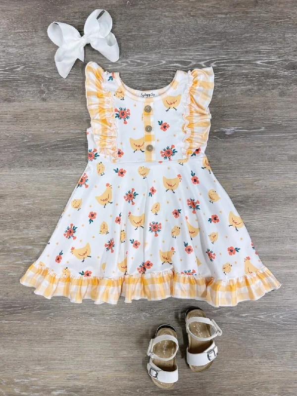 Dresses for romantic dates-One Cute Chick Yellow Gingham Plaid Ruffle Girls Dress