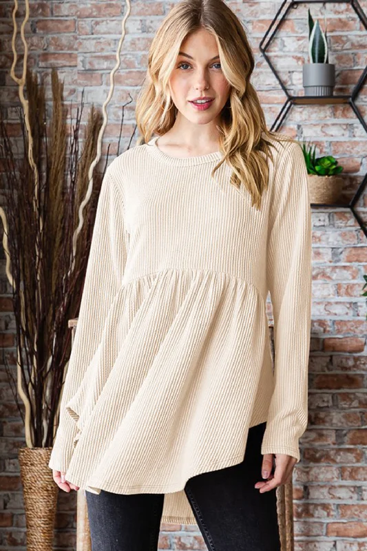 Top eco-friendly products-Heimish Full Size Round Neck Long Sleeve Ribbed Babydoll Top