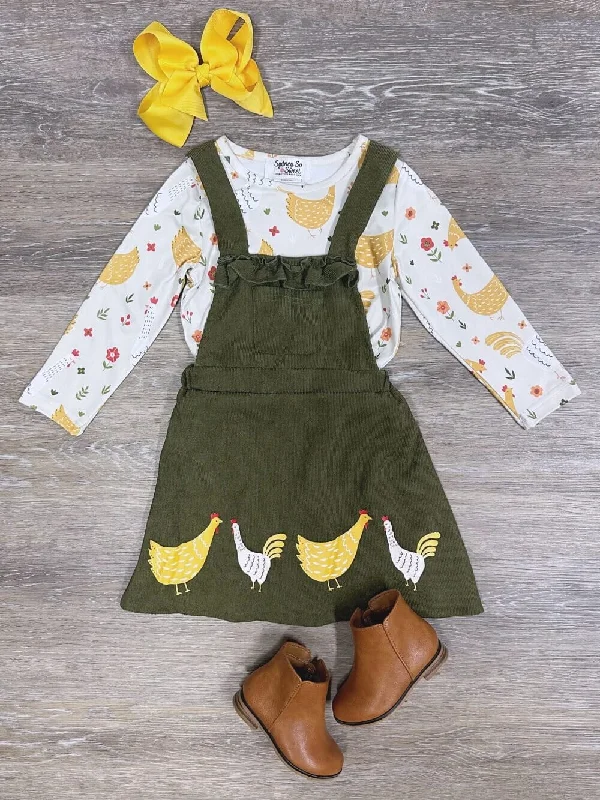 Dresses for flower girls-Chicken Chicken Olive Corduroy Girls Jumper Dress Set