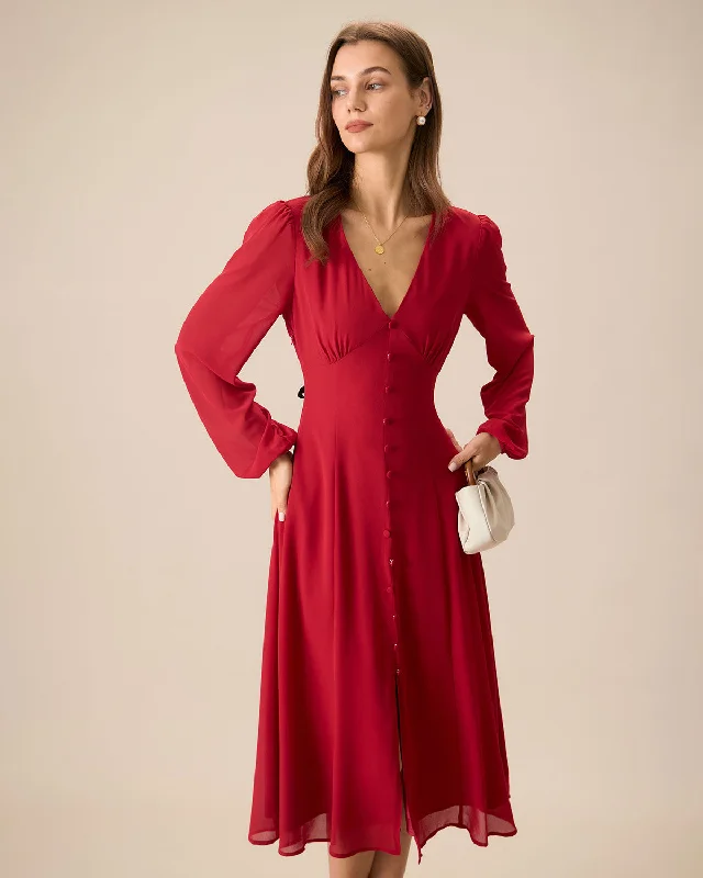 Dresses for team meetings-Women's Red V-Neck Puff Sleeve Slit Midi Dress