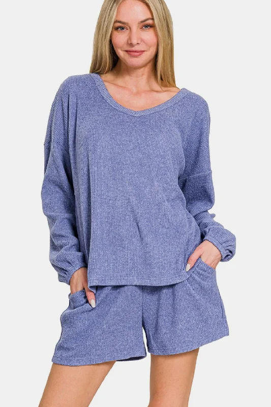 Top tips for skin hydration-Zenana V-Neck Long Sleeve Ribbed Top and Shorts Set