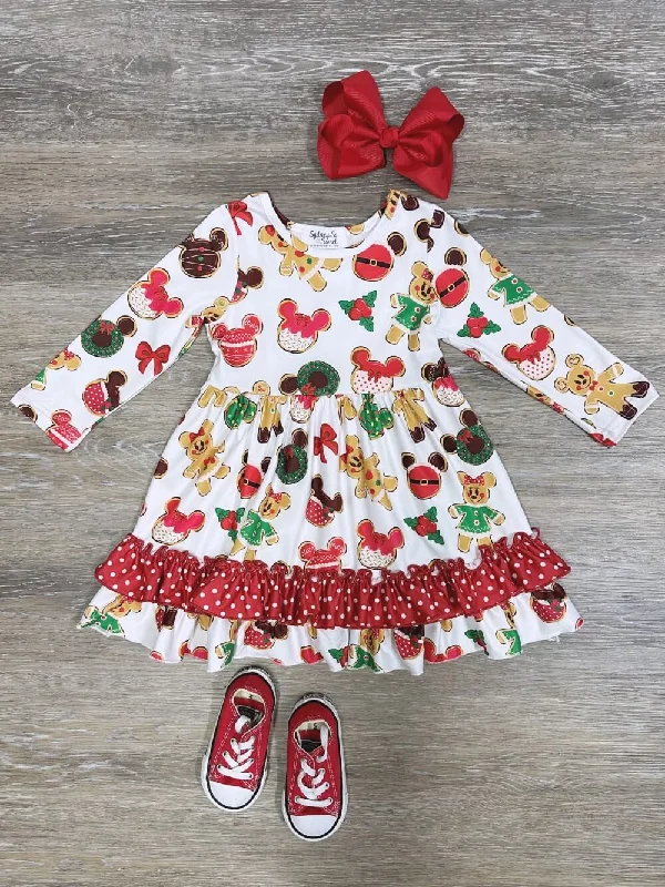 Dresses for virtual events-Christmas Cookie Mouse Polka Dot Ruffle Trim Girls Dress