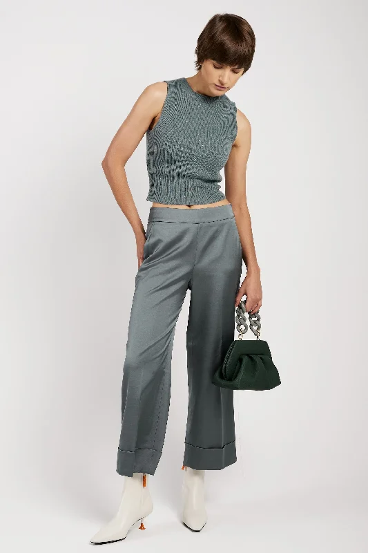 Bottoms in breeze-Stretch Satin Palazzo Pant in Green Zinc