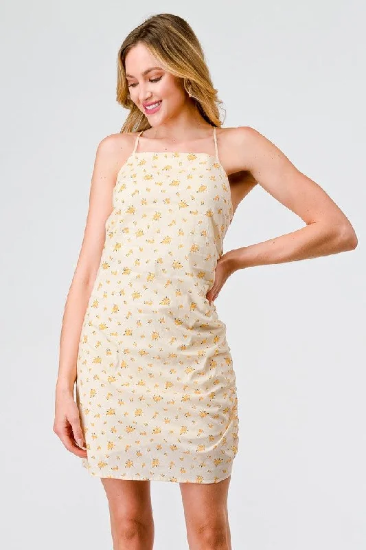 Dresses for Lunar New Year-Yellow Ditsy Cotton Strappy Ruched Mini Dress /3-2-1