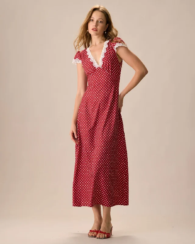 Dresses for tropical climates-The Red V Neck Polka Dot Lace Ruched Maxi Dress