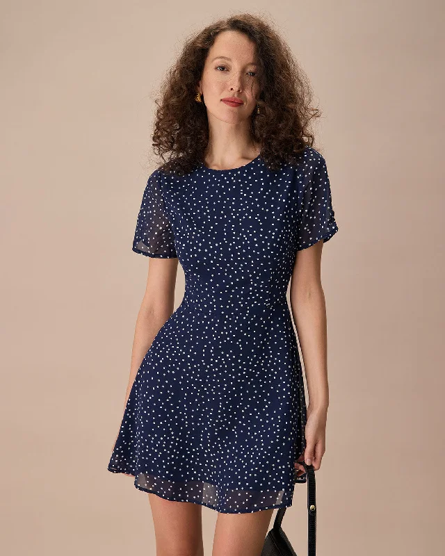 Dresses for cabins-The Navy Crew Neck Polka Dot Cutout Mini Dress