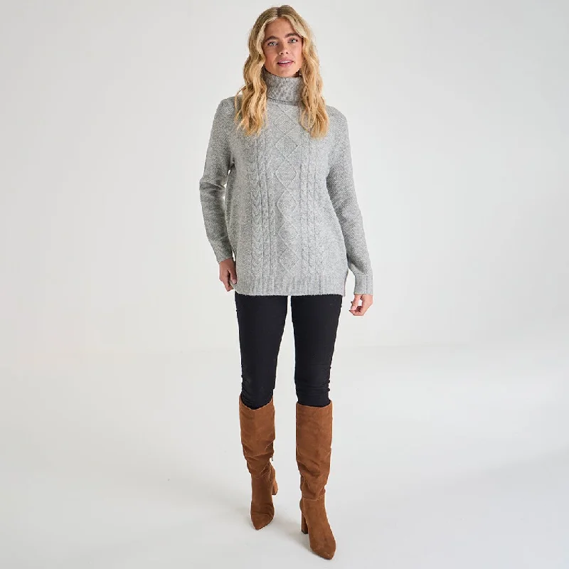 Sweaters with folded collars-Ladies Polo Neck Cable Knit Jumper